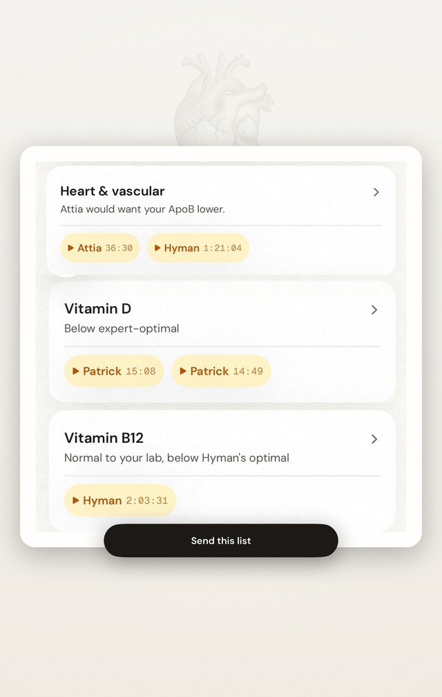 Tests worth asking a doctor about — ApoB, vitamin D and B12 — each with the expert who flagged it and the minute they said it