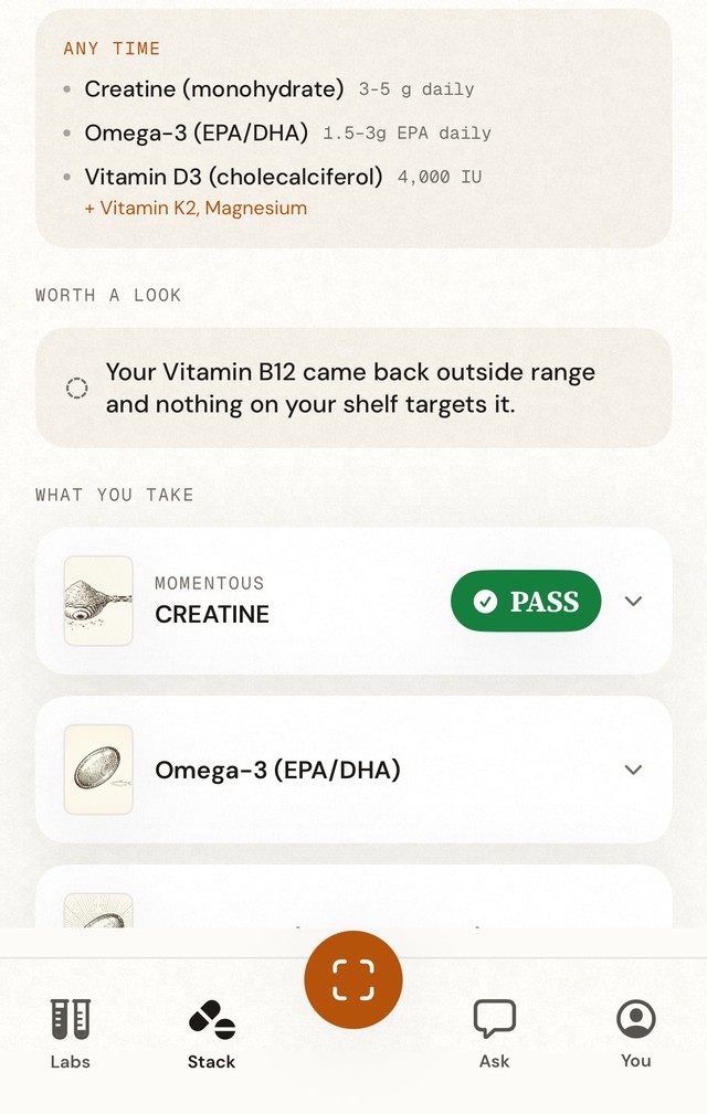 The stack: the day plan with doses and pairings, the B12 gap nothing you take covers, and the supplement that passed