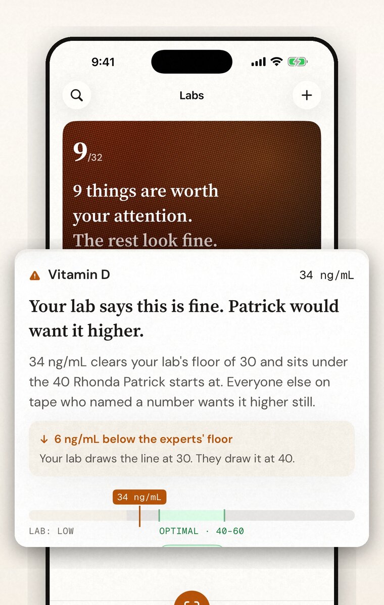 The Decode app reading a blood panel: nine of thirty-two results worth attention, and vitamin D at 34 ng/mL — fine by the lab’s range, below where Rhonda Patrick starts.